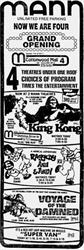 Grand Opening ad for the Cottonwood Mall 4.  'Now we are four.  4 theatres under one roof.  4 choices of program.  4 times the entertainment.  King Kong was presented in 'Total Surround Stereo Sound.' - , Utah